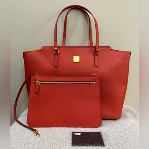 MCM coral red saffiano leather large Project tote shopper bag
